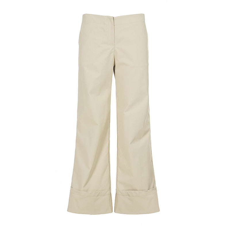 Womens Straight Leg Cuffed Hem Trousers