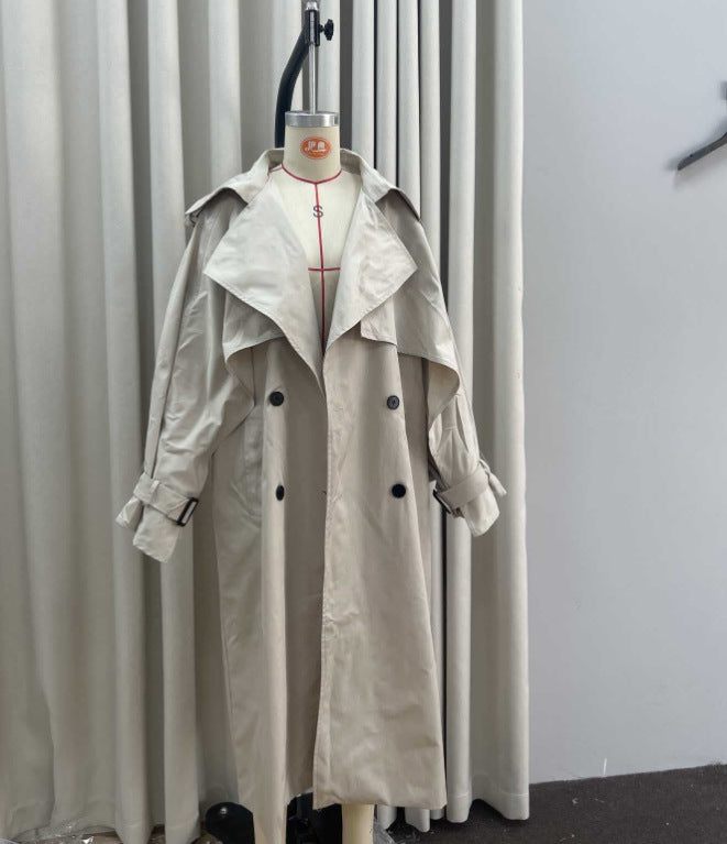 Women Long Trench Coat with Cape Sleeves A-Line Belted Lapel Outerwear
