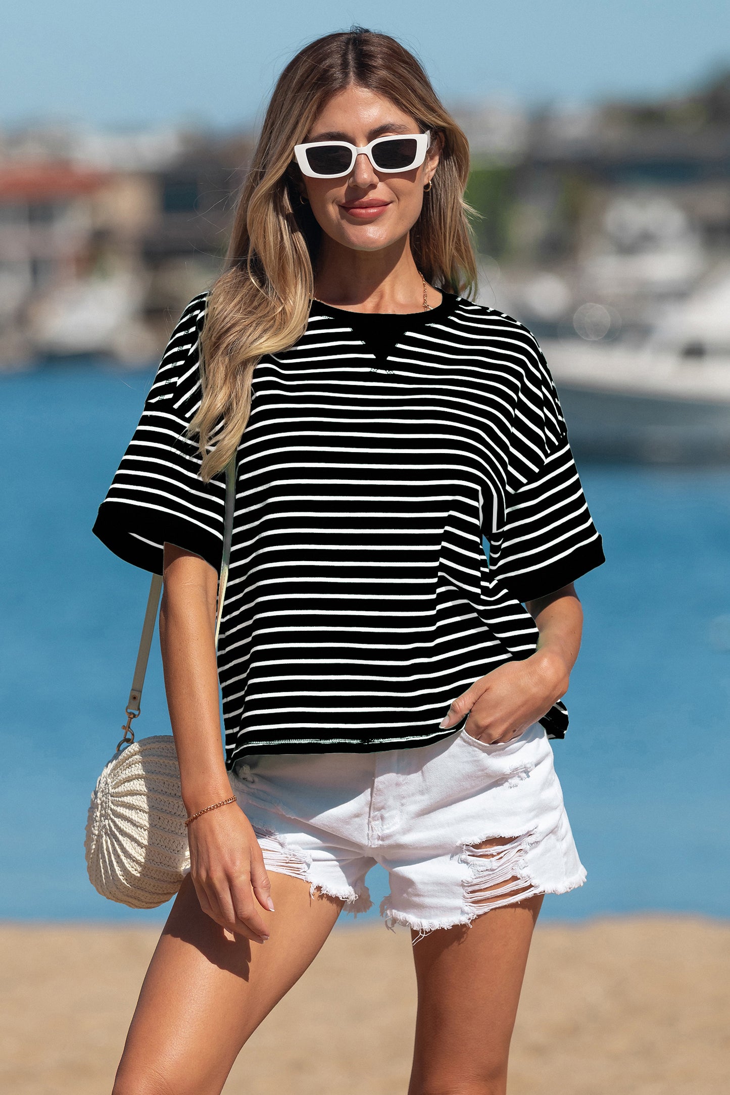 Gestreepte geribbeld patchwork T-shirt met korte mouwen