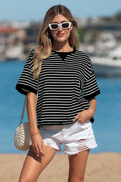 Gestreepte geribbeld patchwork T-shirt met korte mouwen