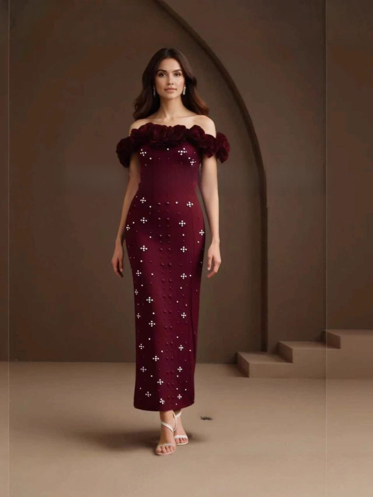 Pearl Embellished One-Shoulder Bandage Dress