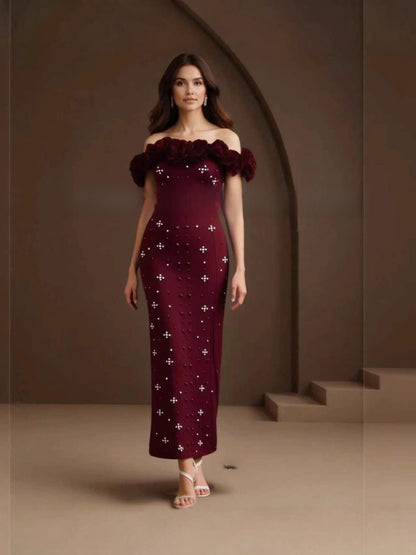 Pearl Embellished One-Shoulder Bandage Dress