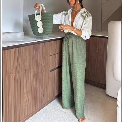Spring and Autumn New Printed Long Sleeve Single Breasted Long Pants Set INS Casual Loose Two-piece Set