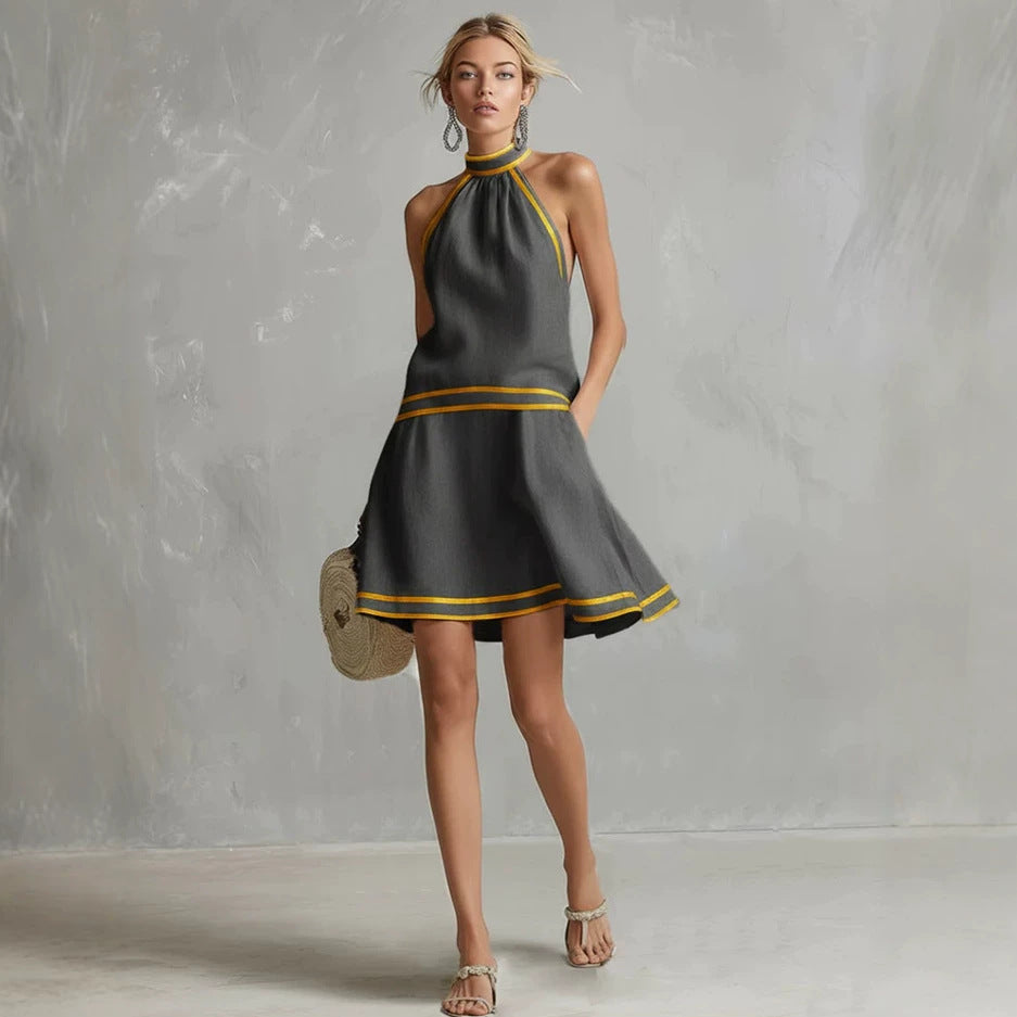 Halter Neck Striped Trim Dress