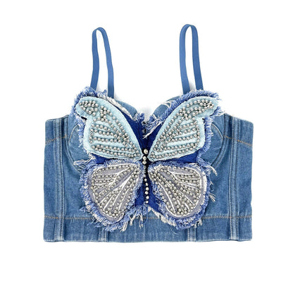 Cross-border Butterfly Strapless Bra with Unique High-end Feel, Fitted Spliced Denim Boned Bustier Camisole