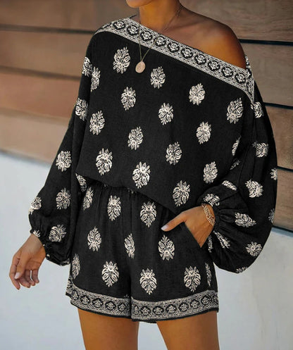 Bohemian Cross-Collar Lantern Sleeve Printed Jumpsuit