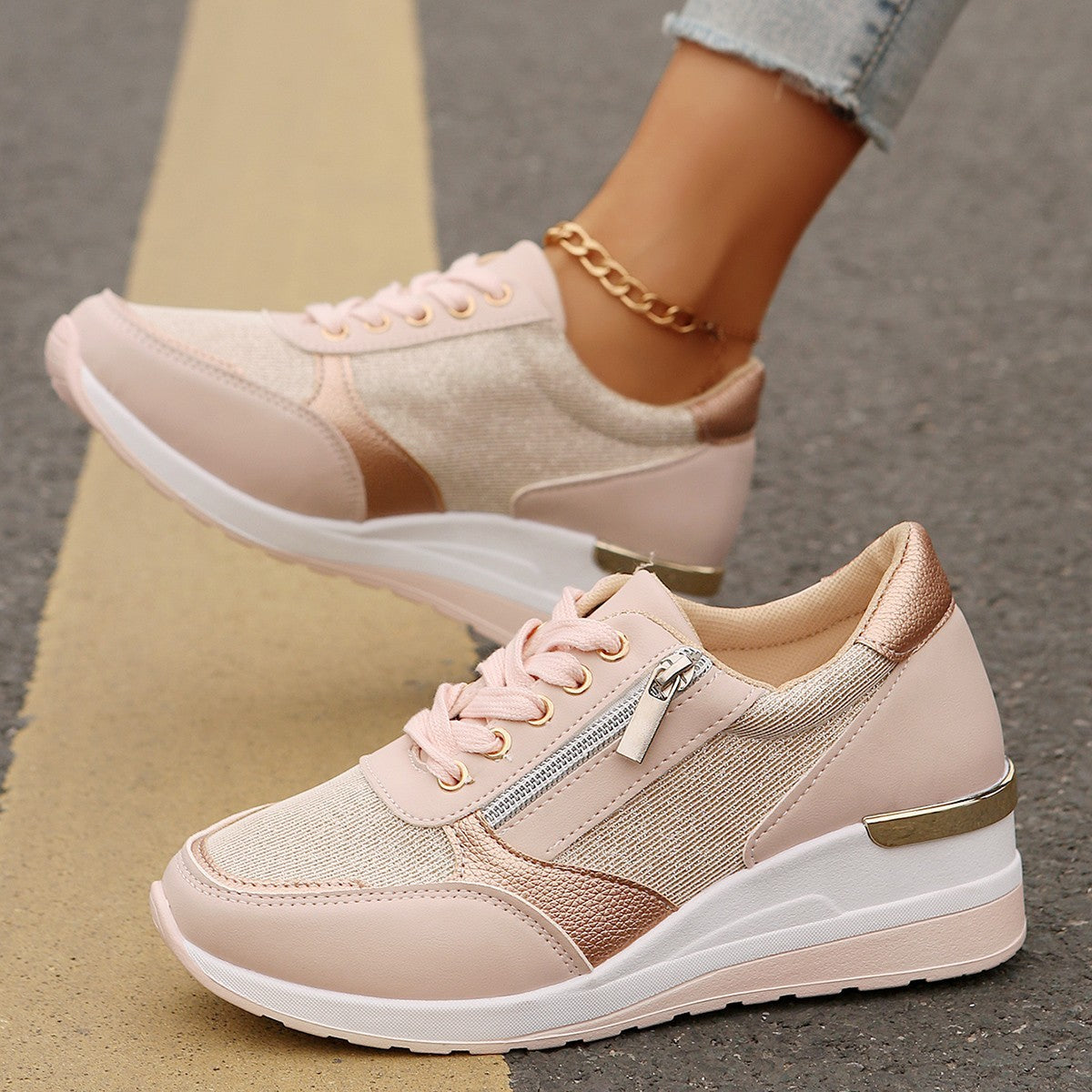Spring and autumn new foreign trade plus size ladies slope heel Europe and the United States front lace side zipper casual sports shoes wholesale