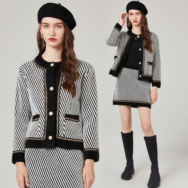 Women O-Neck Stripe Knitted Sweater Skirt Sets Autumn Wrap Hip Skirt Two Piece Suit Cardigans 2 Piece Sets Womens Outifits