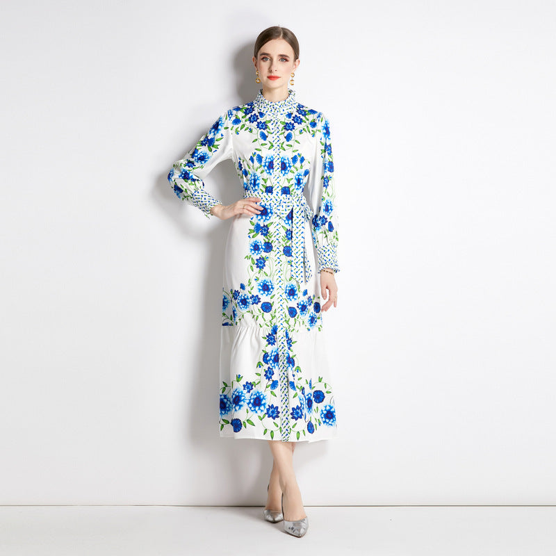 Dames retro overhemdjurk met bloemenprint ceintuur  en knopen