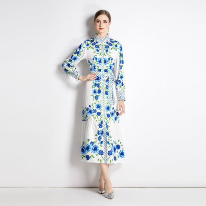Dames retro overhemdjurk met bloemenprint ceintuur  en knopen