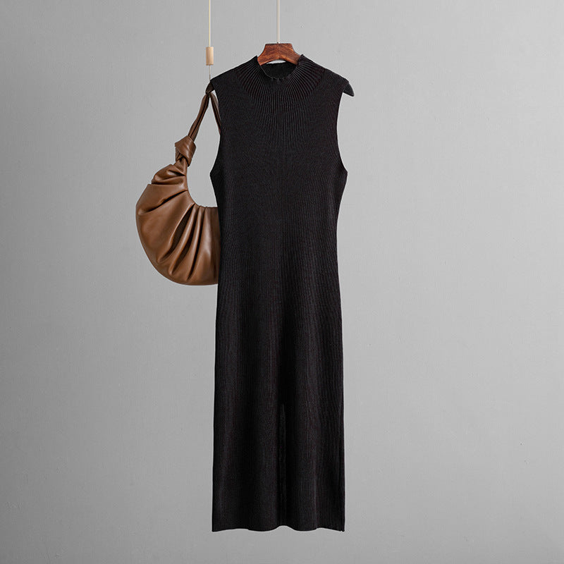 Solid Color Fitted Elastic Knit Sleeveless Pinafore Dress Versatile Bodycon Dress
