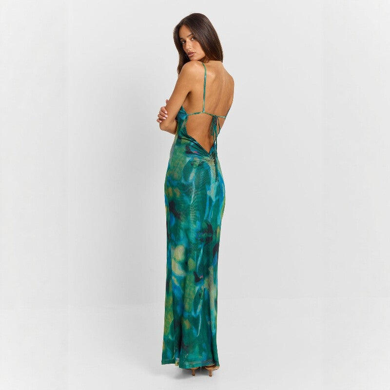 Maxi-jurk met abstracte print U-hals open rug en fishtail-zoom in kleine maten verkrijgbaar