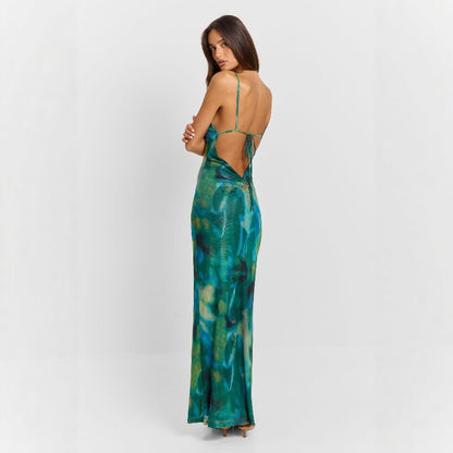 Maxi-jurk met abstracte print U-hals open rug en fishtail-zoom in kleine maten verkrijgbaar