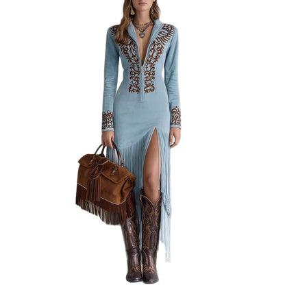 Retro Ethnic Tassel Floral Zipper Long Dress
