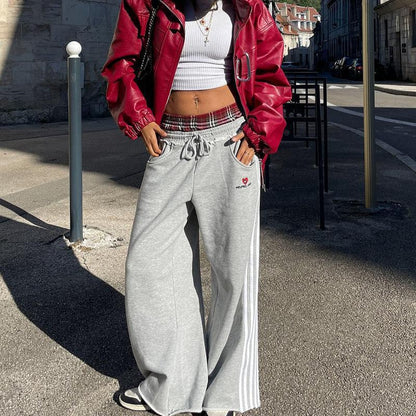 Y2K retro street double waistband plaid spliced hoodie pants casual loose straight-leg pants sport pants ins