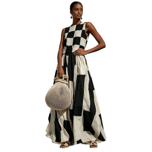Mouwloze geruite losse maxi-jurk met ronde hals