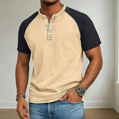 Men's Vintage Washed Henry Collar Short Sleeve Shirt