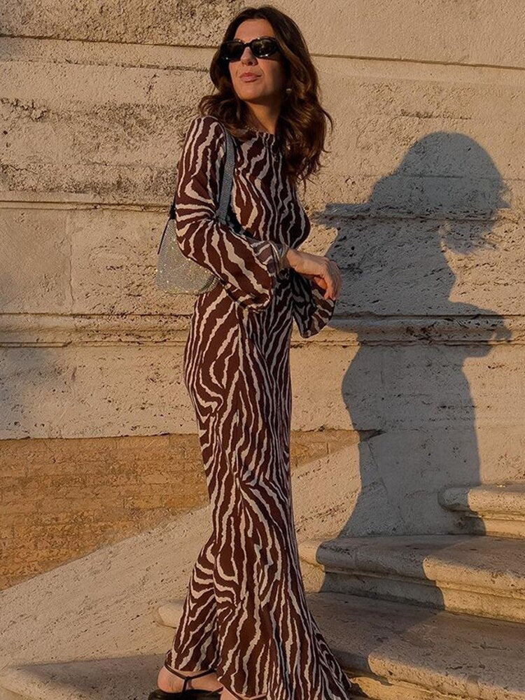 Stripe Long Women Dress Elegant Long Flare Sleeve O-neck Hip Wrap Skinny Bodycon Female Dresses Sexy Robe