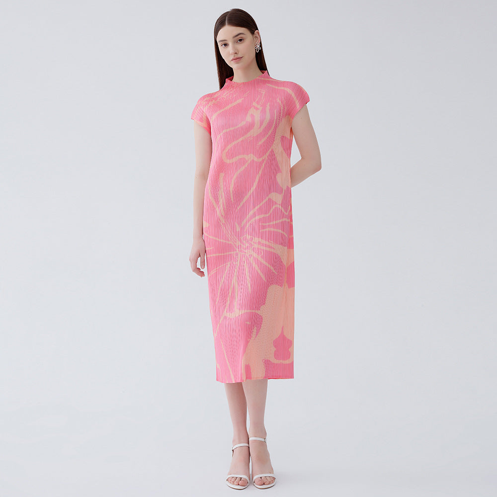Summer new gentle pink temperament slim waist small sleeves printed pleated temperament dress for women