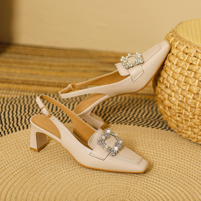 Genuine leather style square toe back empty single shoes with thick heels and one line buckle high heels