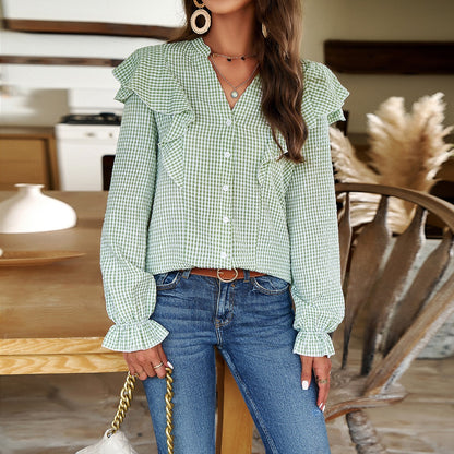 European and American women's spring and summer temperament commuting long sleeved ruffled edge shirt