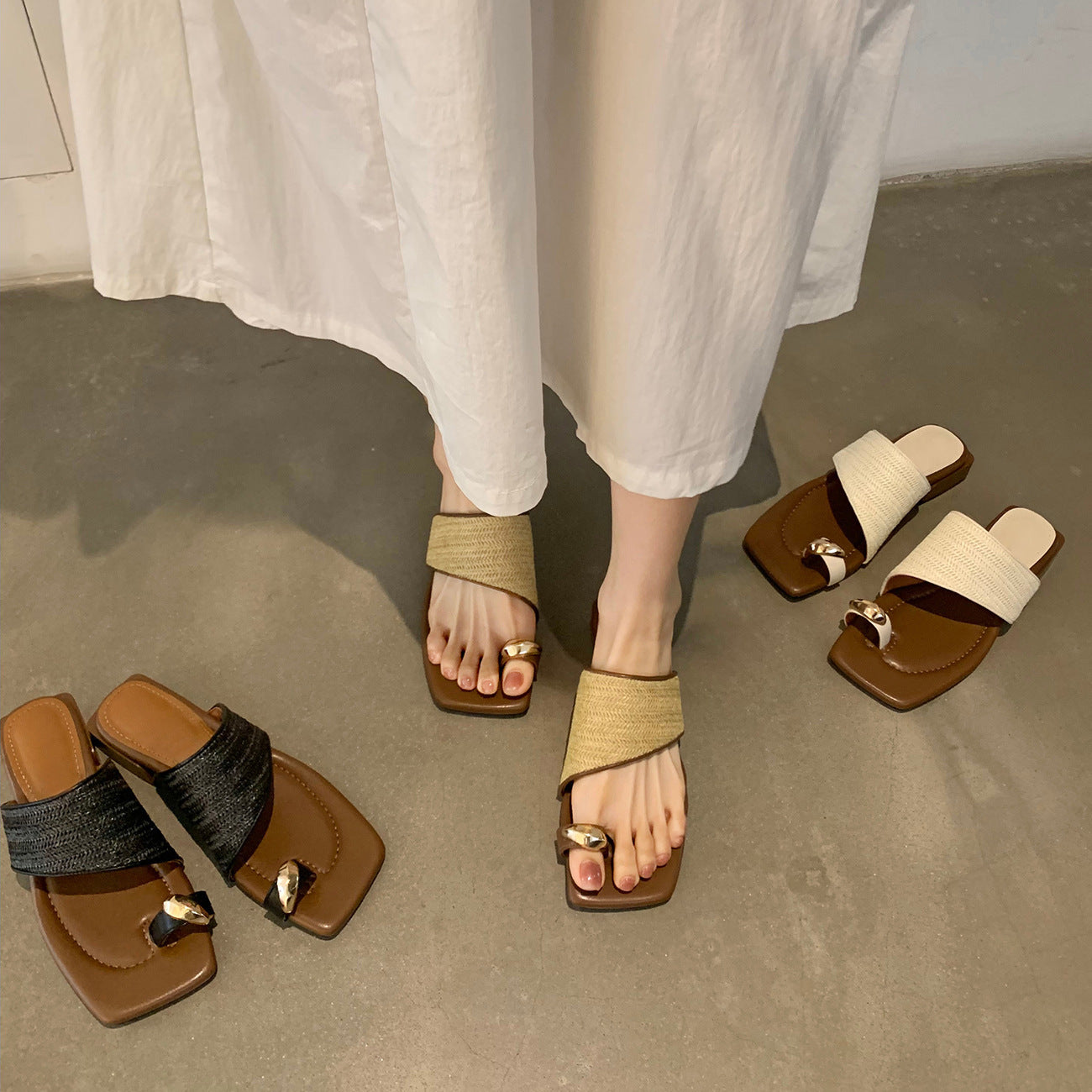 Womens Thick Heel Straw Thong Slippers Summer French Style Sandals