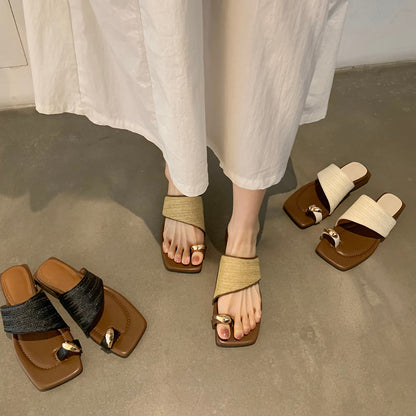 Womens Thick Heel Straw Thong Slippers Summer French Style Sandals
