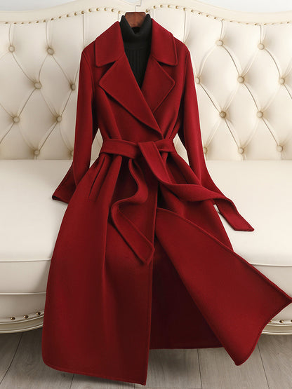 Women's Double-Sided 100% Wool Long Over-The-Knee Coat with Suit Collar