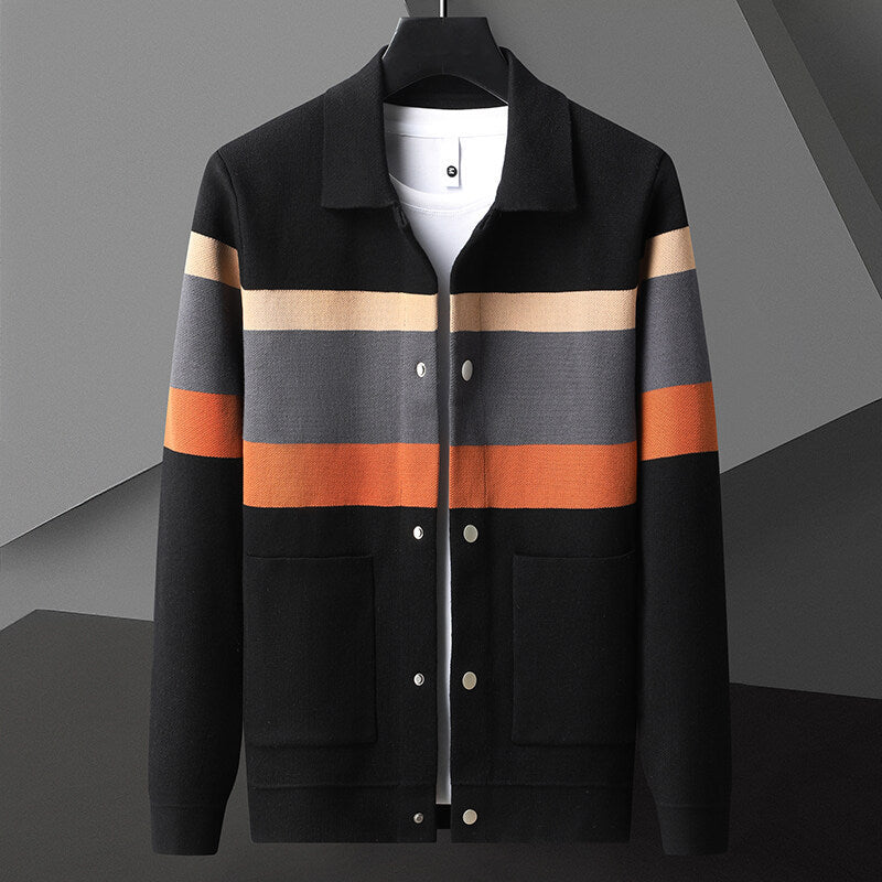 Mens Lapel Color Block Knitted Cardigan