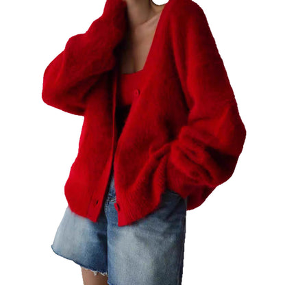 Women's Imitation Mink Fur V-Neck Long Sleeve Knit Cardigan Sweater