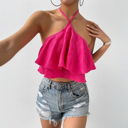 Women's sexy hot girl vest from Europe and America, summer backless design, niche hanging neck sleeveless top