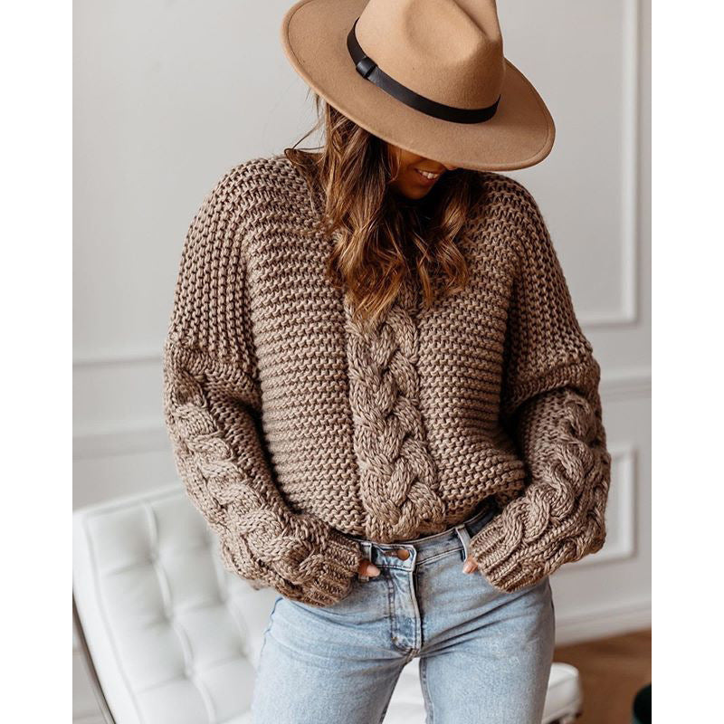 Women's Solid Color Round Neck Cable Knit Batwing Sleeve Loose Casual Pullover Sweater