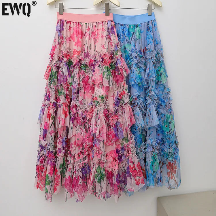 New style simple and romantic printed skirt for women with loose summer lace, slimming A-line skirt