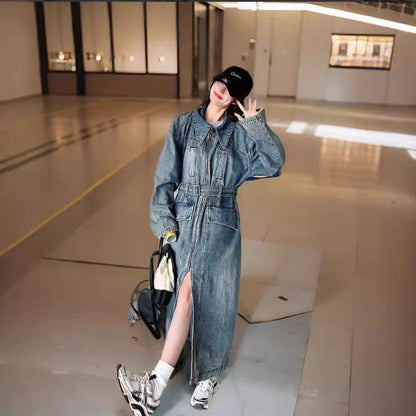 Women Long Denim Trench Coat
