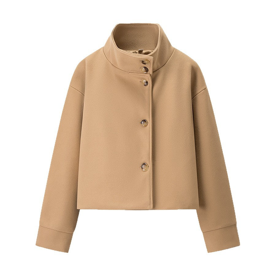 Short Stand-Collar Single-Breasted Elegant Woolen Coat