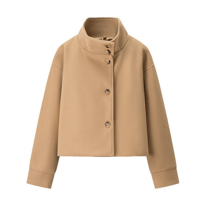 Short Stand-Collar Single-Breasted Elegant Woolen Coat