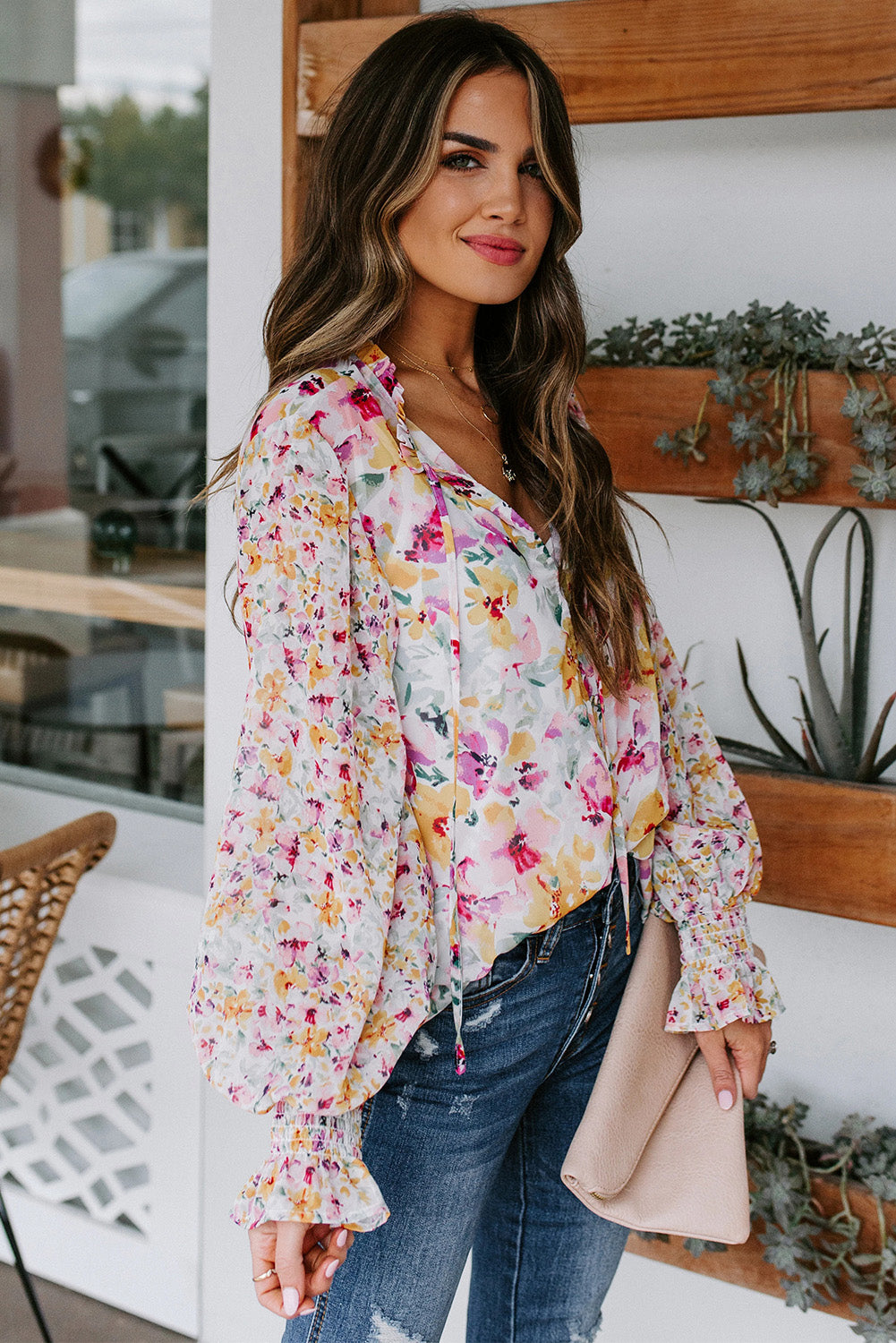 Casual Cakewalk blouse met bloemenprint en smockwerk