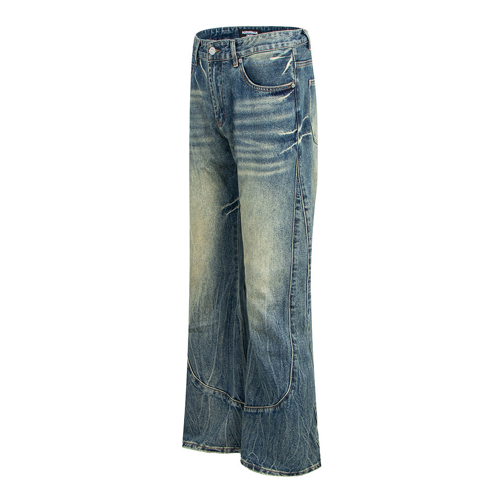 Heren denim jeans met kattenbaardmotief slubstiksels gewassen en verwassen look