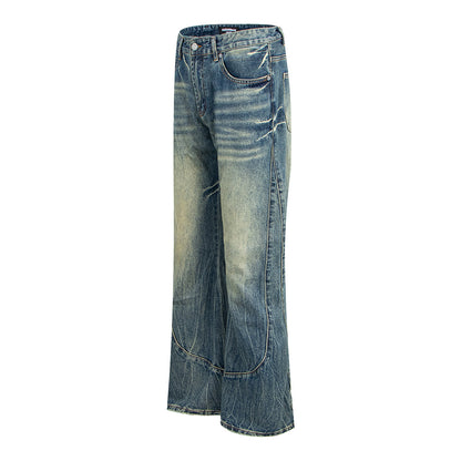 Heren denim jeans met kattenbaardmotief slubstiksels gewassen en verwassen look