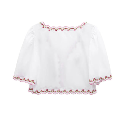Floral Embroidered Poplin Top Short Sleeve Shirt Top for Women