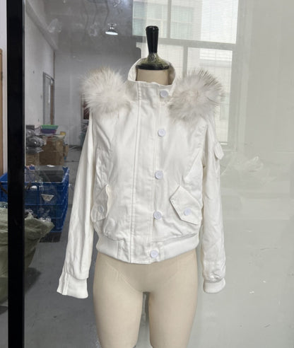 Womens Hooded Short Jacket with Detachable Fur Collar