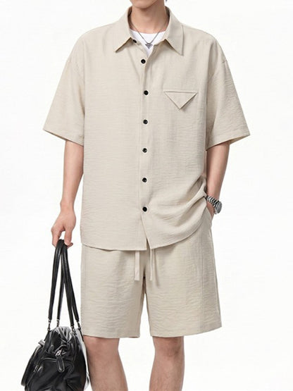 Imitation Linen Casual Suit for Men Summer Thin Drapey Short-Sleeve Shirt and Shorts Two-Piece Set