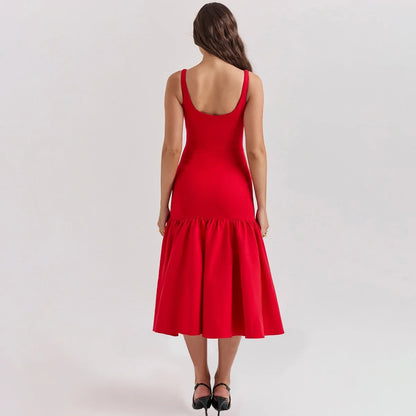 Summer Midi Holiday Dress New Arrivals Red Spaghetti Strap Elegant Hem Dress Casual Birthday Party Dresses