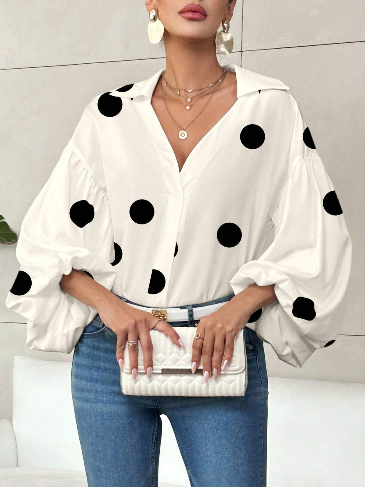 Polka Dot Half-Open Neck Loose Bubble Sleeve Long Sleeve Top