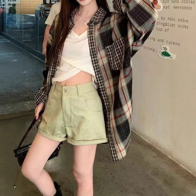 Retro Color-Block Plaid Shirt Women Loose Lazy Style Spliced Design Long Sleeve Sunscreen Blouse