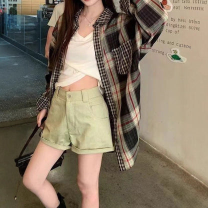 Retro Color-Block Plaid Shirt Women Loose Lazy Style Spliced Design Long Sleeve Sunscreen Blouse