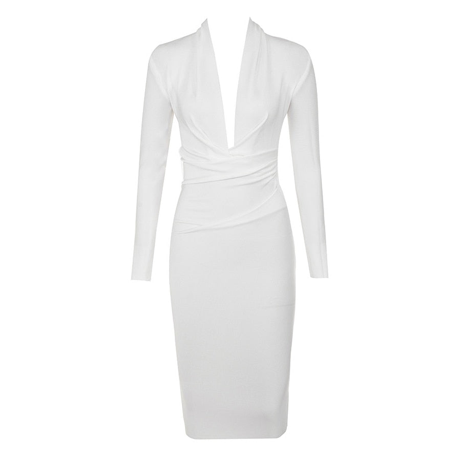 Black V Neck Long Sleeve Lady's Party Dresses Newest Spring Sexy Bodycon Elastic Midi Bandage Dress