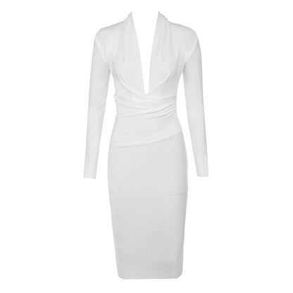 Black V Neck Long Sleeve Lady's Party Dresses Newest Spring Sexy Bodycon Elastic Midi Bandage Dress