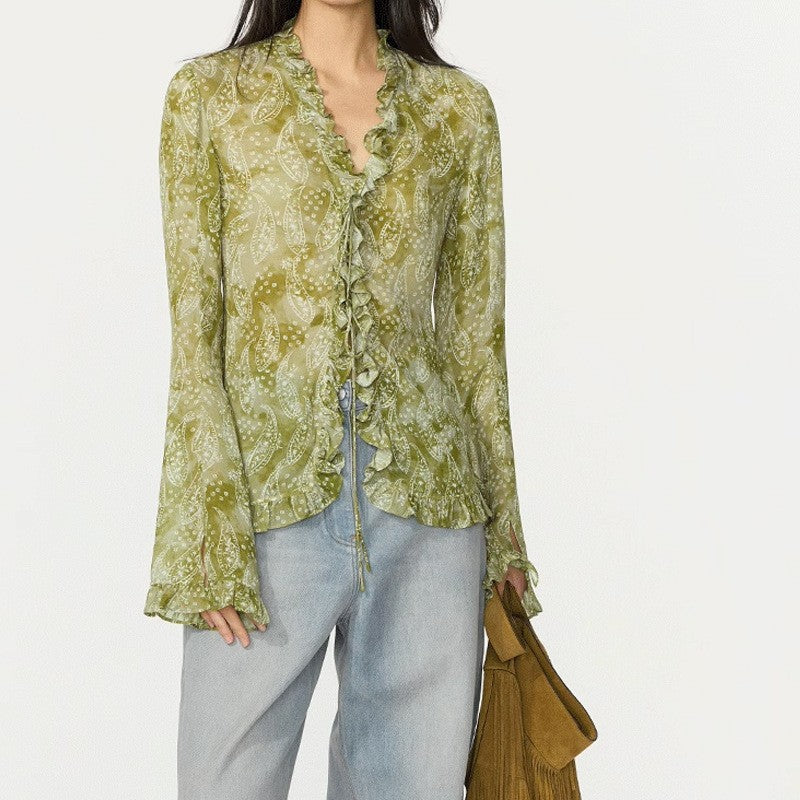 Sagestu Floating Green Ink Washed Paisley Long Dress Shirt Elegant Fashion Set Women's Designer Outfit