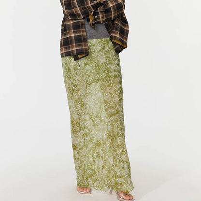 Sagestu Floating Green Ink Washed Paisley Long Dress Printed Hem Skirt